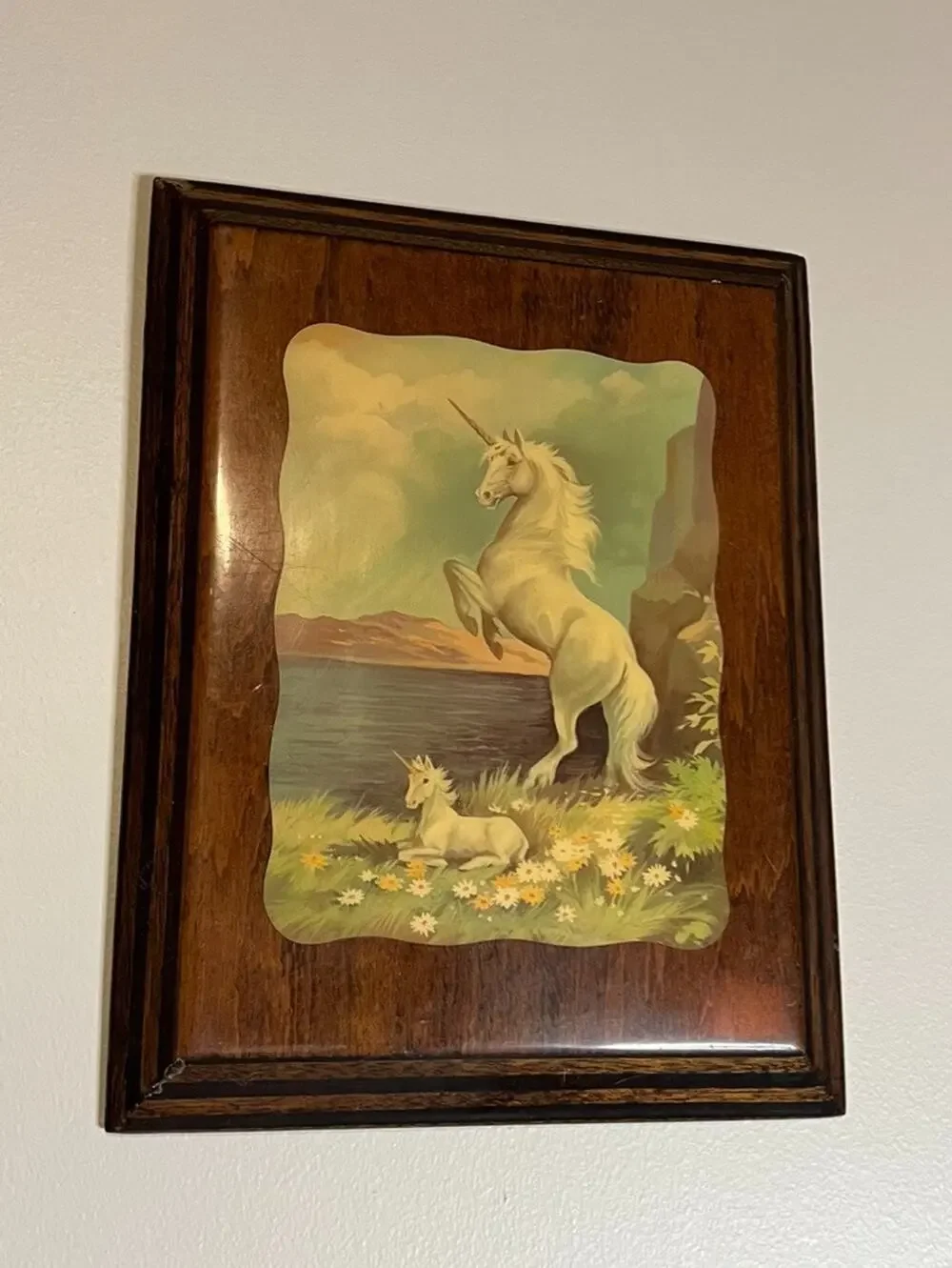 Vintage 1980's Unicorn w/ Baby Foal Lacquered Wood Wall Art 15.5